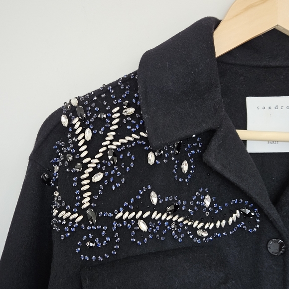 Sandro Versaille Embellished Sequined Wool Blend Black Jacket in Noir Small - Picture 8 of 16